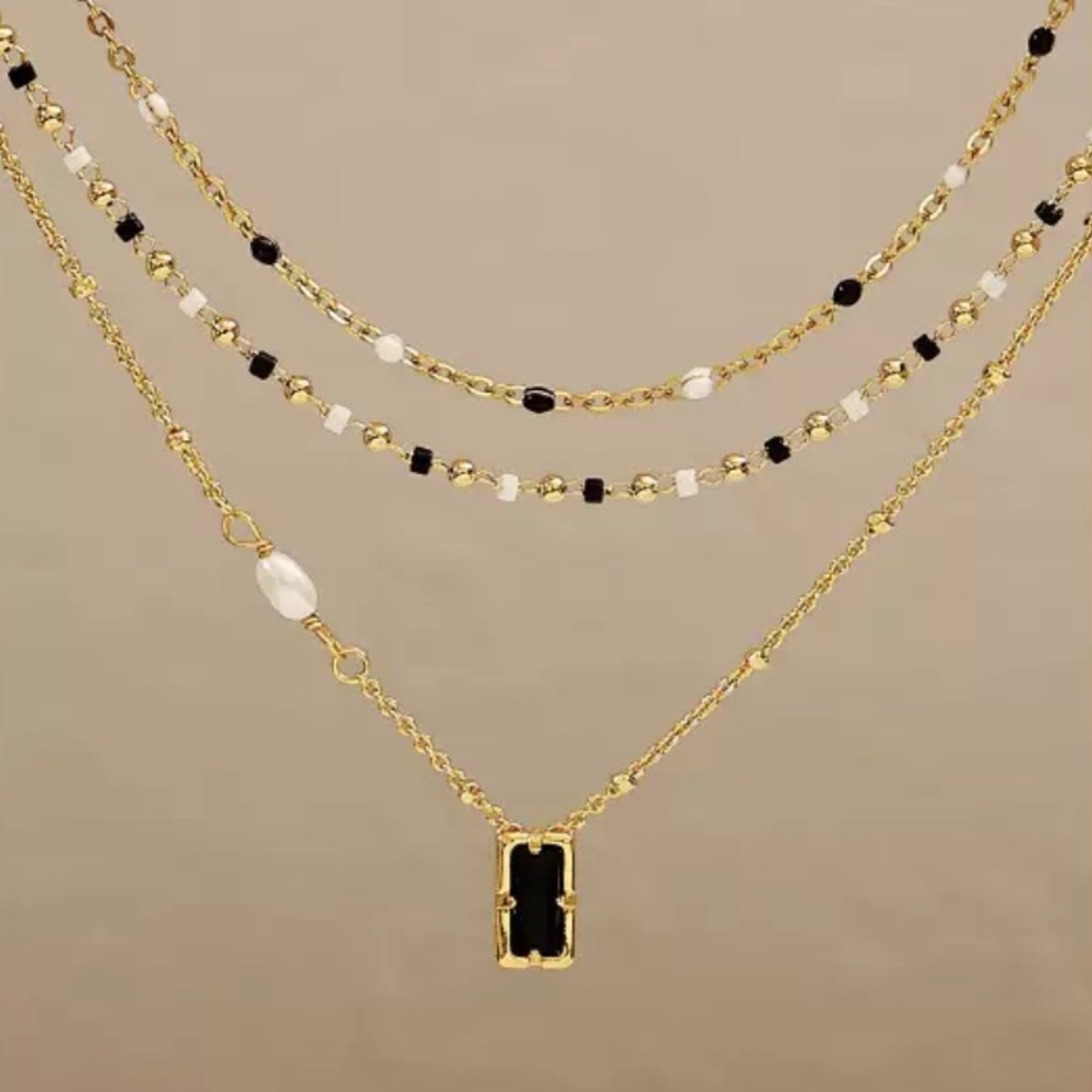 Gold Dainty Necklace with Black Pendant and Pearl Accent Minimalist
